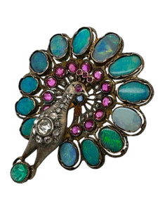 Georgian Era Peacock Brooch Opal Ruby Emerald Diamond & Sapphire