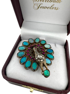 Georgian Era Peacock Brooch Opal Ruby Emerald Diamond & Sapphire