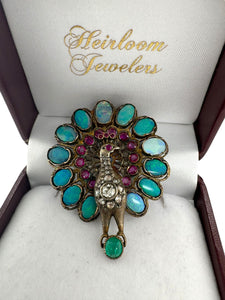 Georgian Era Peacock Brooch Opal Ruby Emerald Diamond & Sapphire