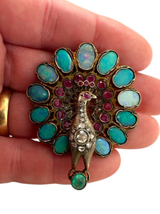 Georgian Era Peacock Brooch Opal Ruby Emerald Diamond & Sapphire