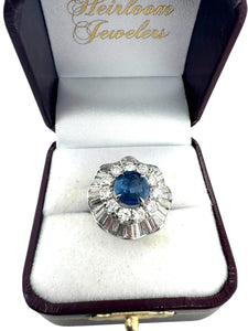 Platinum GIA Burma Sapphire Ballerina Style Diamond Ring