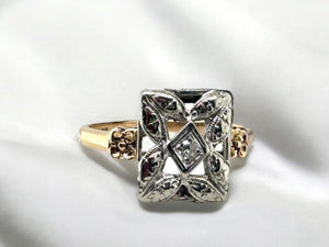 Vintage 1940's Signed First Lady Diamond Filigree Ring 14K Yellow Gold