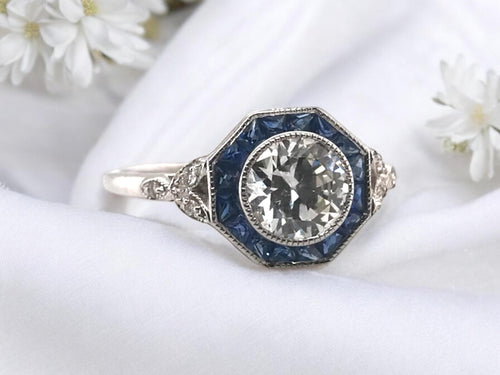 Art Deco Style 0.96 Carat Diamond & Sapphire Ring GIA