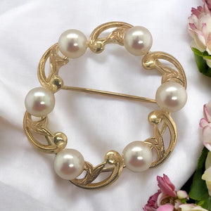 Vintage Mikimoto Pearl Brooch 14K Yellow Gold