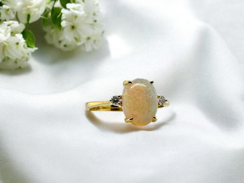 Minimalist Opal & Diamond Ring 18K Yellow Gold