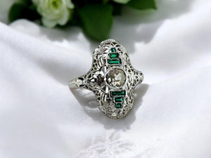 Art Deco Emerald & Diamond Filigree Ring 18K White Gold