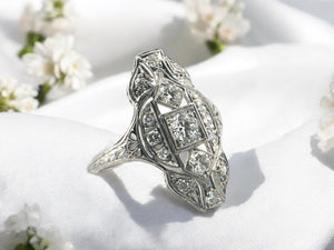 Art Deco Platinum Elongated Diamond Cocktail Ring