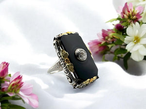 Art Deco TriGold Onyx & Diamond Cocktail Ring 18K