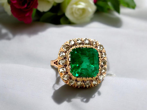 Victorian Era Rose Gold Colombian Emerald & Rose Cut Diamond Ring GIA