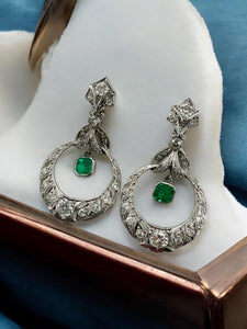 Platinum Art Deco Emerald & Diamond Chandelier Earrings