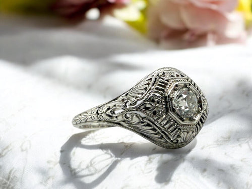 Art Deco Filigree Old European Cut Diamond Ring 18K White Gold