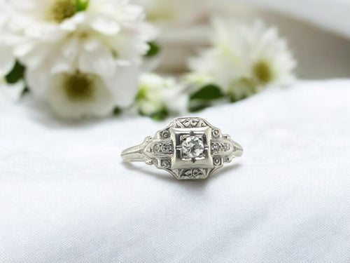 Dainty Vintage Diamond Ring 18K White Gold