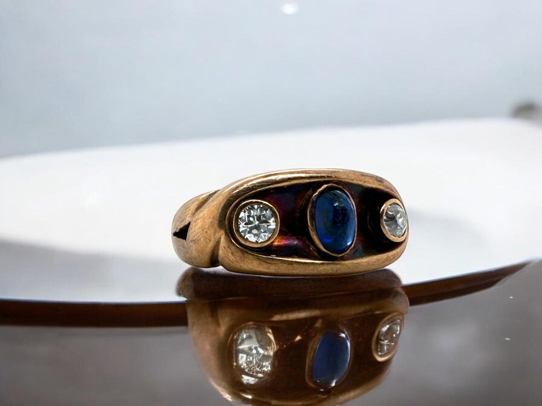 Victorian Era 14K Rose Gold Cabochon Sapphire & Diamond Ring