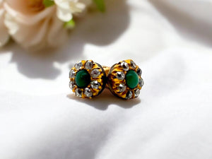 Dainty Antique Turquoise & Old Mine Cut Diamond Stud Earrings 14K Yellow Gold