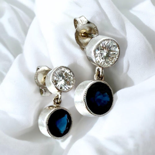 Vintage Diamond & Sapphire Drop Earrings 14K White Gold