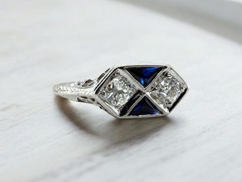 Art Deco Dainty Diamond & Sapphire Cocktail Ring