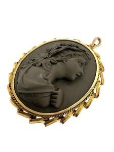 Large Vintage Lava Cameo Pendant 14K Yellow Gold