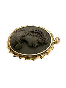 Large Vintage Lava Cameo Pendant 14K Yellow Gold