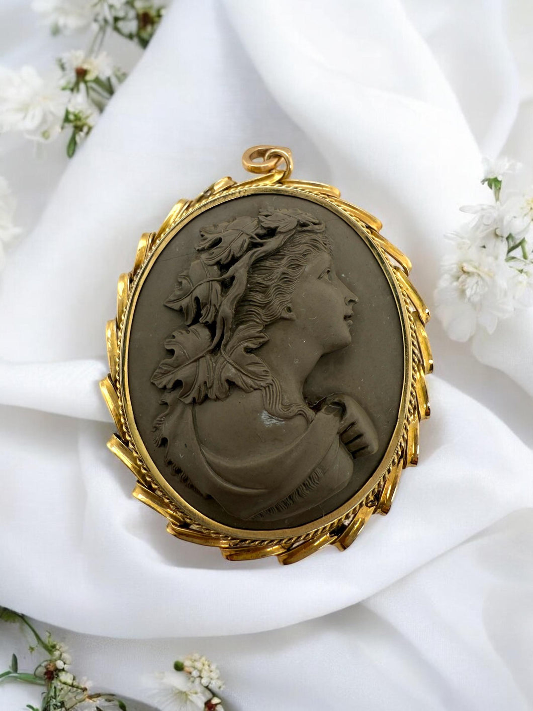 Large Vintage Lava Cameo Pendant 14K Yellow Gold