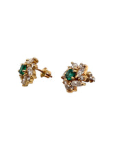 Vintage Emerald & Diamond 2 Carat Cluster Earrings 14K Yellow Gold