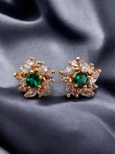 Vintage Emerald & Diamond 2 Carat Cluster Earrings 14K Yellow Gold