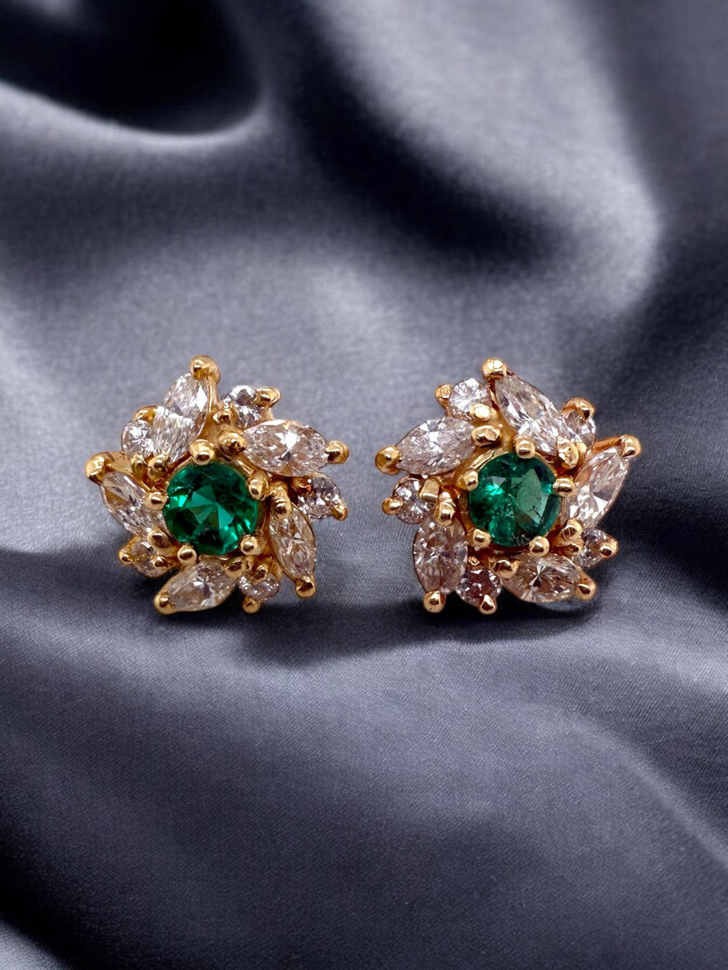 Vintage Emerald & Diamond 2 Carat Cluster Earrings 14K Yellow Gold