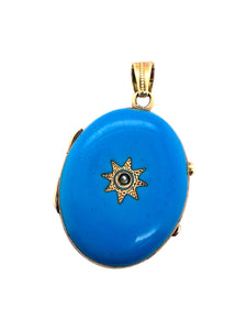 Vintage Blue Enamel Locket Pendant 14K Gold