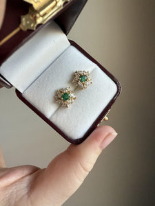 Vintage Emerald & Diamond 2 Carat Cluster Earrings 14K Yellow Gold