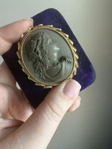 Large Vintage Lava Cameo Pendant 14K Yellow Gold