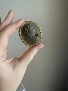 Large Vintage Lava Cameo Pendant 14K Yellow Gold