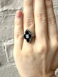 Vintage Highly Unique Art Deco Onyx & Diamond Ring 14K White Gold