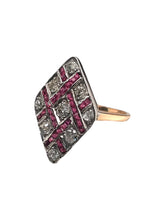 Art Deco Old Mine Cut & Ruby Cocktail Ring 18K Gold