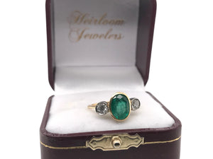 Vintage Emerald & Diamond Three Stone Ring 18K
