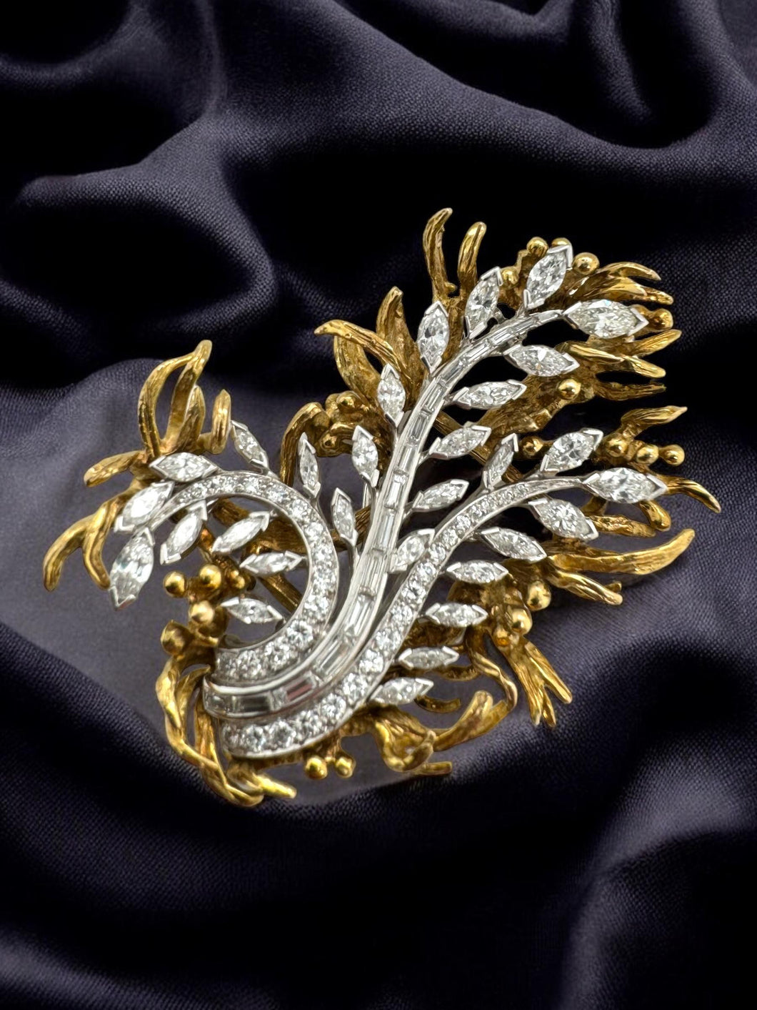 Retro Marquise & Baguette Diamond Floral Brooch 4 Carats