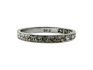 Vintage 18K White Gold Engraved Diamond Wedding Band