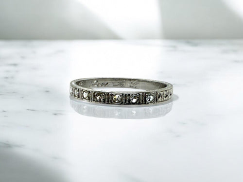 Vintage 18K White Gold Engraved Diamond Wedding Band