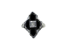 Vintage Highly Unique Art Deco Onyx & Diamond Ring 14K White Gold