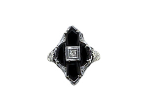 Vintage Highly Unique Art Deco Onyx & Diamond Ring 14K White Gold