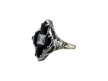 Vintage Highly Unique Art Deco Onyx & Diamond Ring 14K White Gold