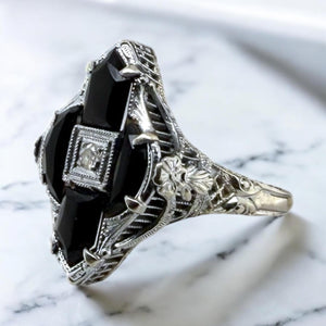 Vintage Highly Unique Art Deco Onyx & Diamond Ring 14K White Gold