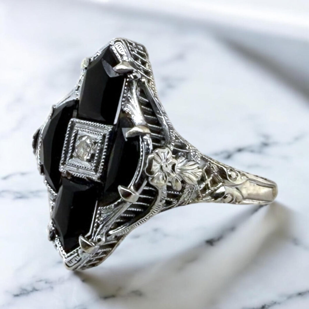 Vintage Highly Unique Art Deco Onyx & Diamond Ring 14K White Gold