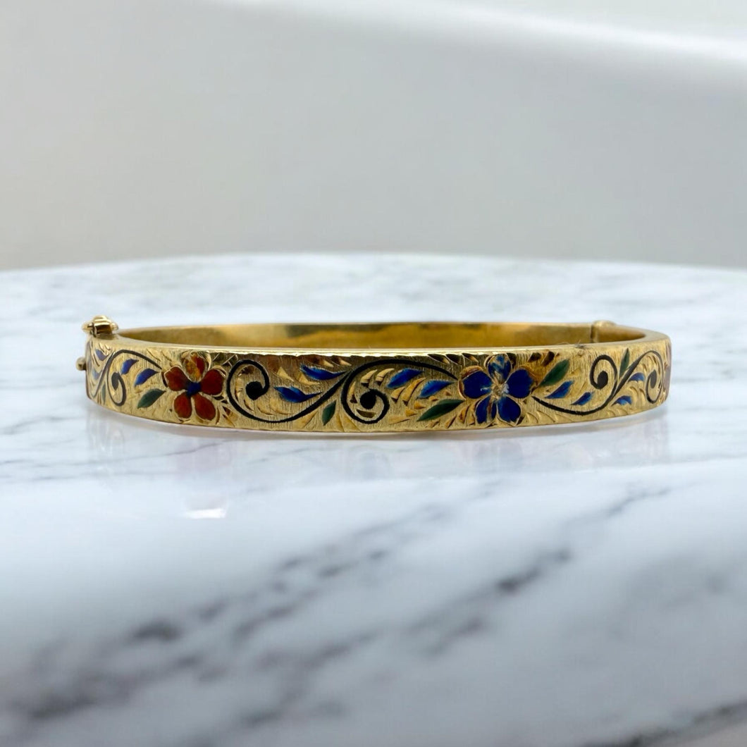 Vintage Enamel Bangle Bracelet 14K Yellow Gold