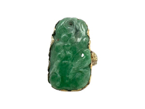 Vintage Edwardian Era Elaborately Carved Jade Ring 14K Yellow Gold