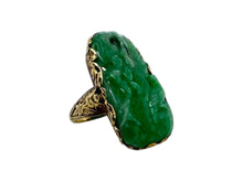 Vintage Edwardian Era Elaborately Carved Jade Ring 14K Yellow Gold