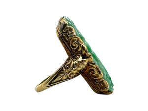 Vintage Edwardian Era Elaborately Carved Jade Ring 14K Yellow Gold