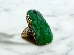 Vintage Edwardian Era Elaborately Carved Jade Ring 14K Yellow Gold