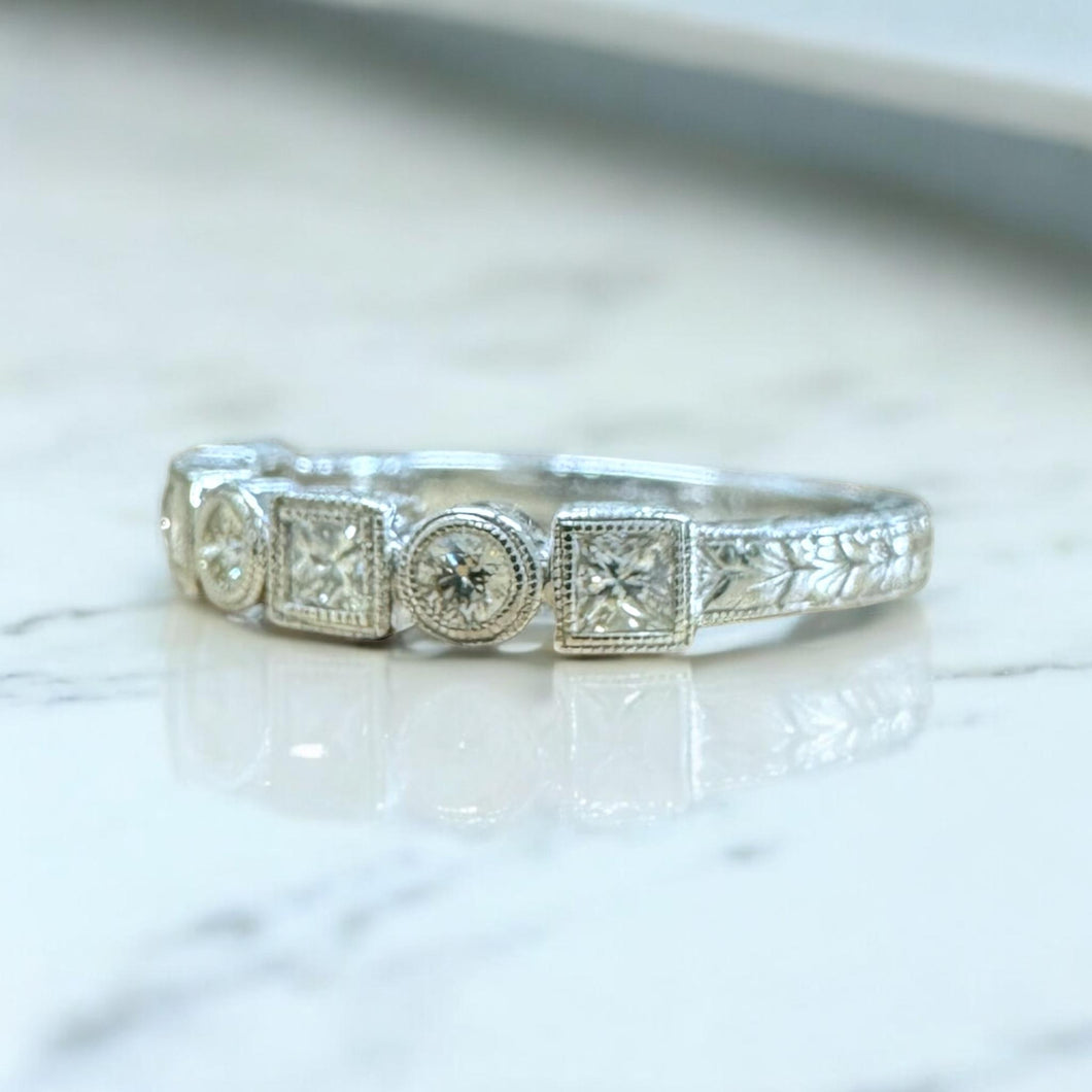 Antique Style Engraved Diamond Wedding Band 14K White Gold