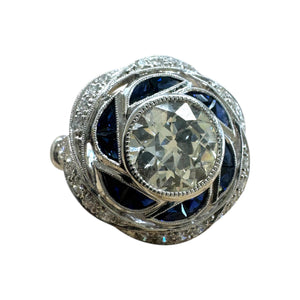 Vintage Art Deco Style 2.06 Carat Old European Cut Diamond and Sapphire Ring