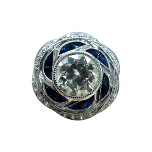 Vintage Art Deco Style 2.06 Carat Old European Cut Diamond and Sapphire Ring