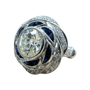 Vintage Art Deco Style 2.06 Carat Old European Cut Diamond and Sapphire Ring